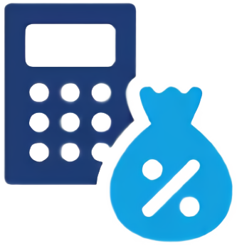 A blue calculator and money bag on a green background
