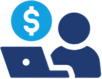 A blue and white image of a person, laptop and dollar sign.