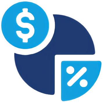 A blue and green logo with dollar signs