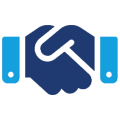 A blue and green logo of a handshake